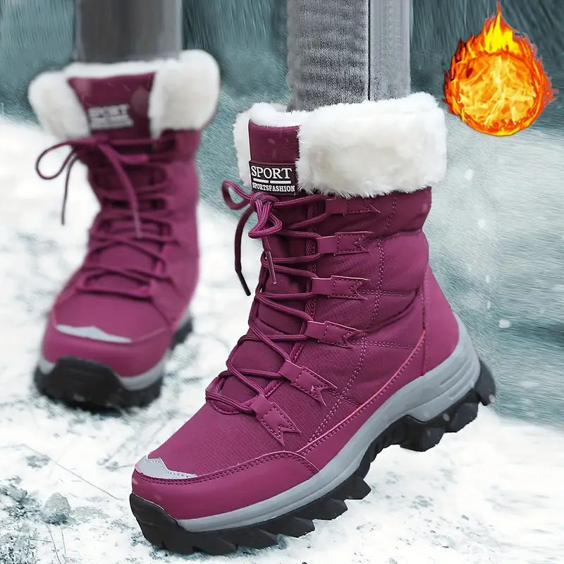 Women'S Winter Boots - Light Beige Fleece-Lined Mid-Calf Boots with Plush Faux Fur Trim, Thick TPR Sole & Lace-Up Design for Outdoor Sports, Casual Wear - Cozy Gift for Women