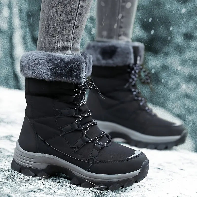 Women'S Winter Boots - Light Beige Fleece-Lined Mid-Calf Boots with Plush Faux Fur Trim, Thick TPR Sole & Lace-Up Design for Outdoor Sports, Casual Wear - Cozy Gift for Women
