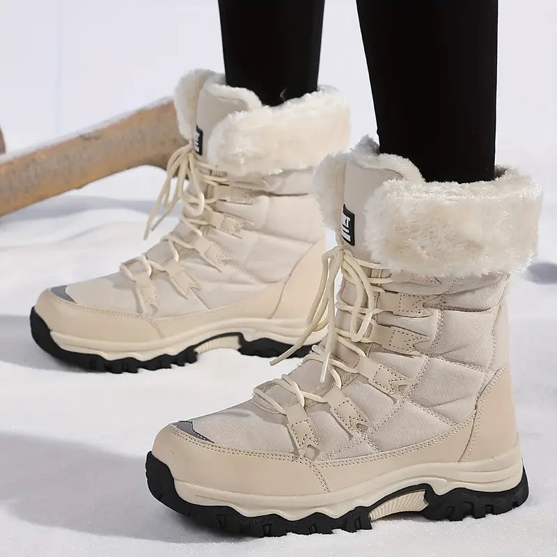 Women'S Winter Boots - Light Beige Fleece-Lined Mid-Calf Boots with Plush Faux Fur Trim, Thick TPR Sole & Lace-Up Design for Outdoor Sports, Casual Wear - Cozy Gift for Women