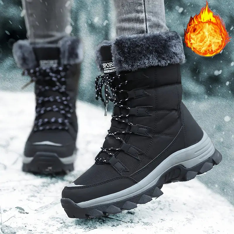 Women'S Winter Boots - Light Beige Fleece-Lined Mid-Calf Boots with Plush Faux Fur Trim, Thick TPR Sole & Lace-Up Design for Outdoor Sports, Casual Wear - Cozy Gift for Women