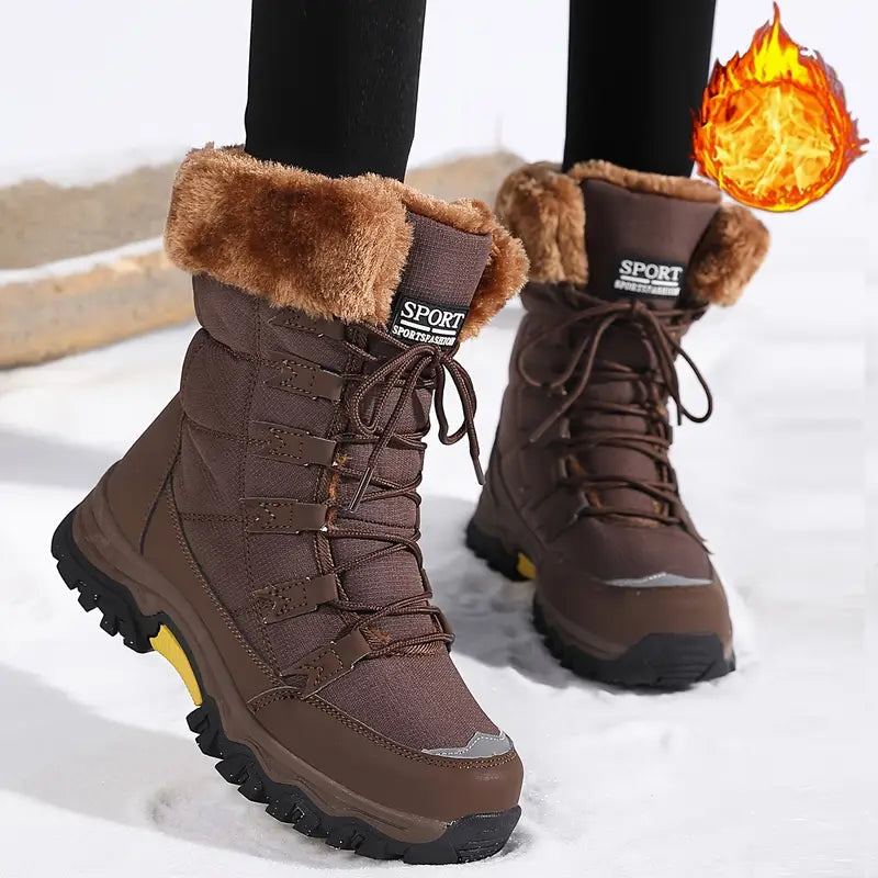 Women'S Winter Boots - Light Beige Fleece-Lined Mid-Calf Boots with Plush Faux Fur Trim, Thick TPR Sole & Lace-Up Design for Outdoor Sports, Casual Wear - Cozy Gift for Women