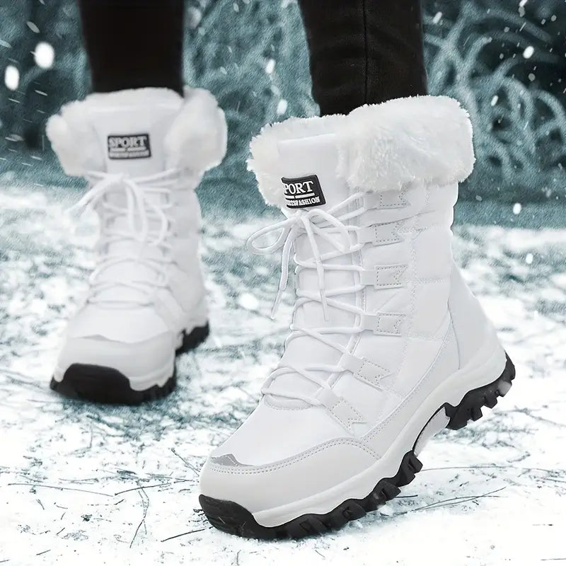 Women'S Winter Boots - Light Beige Fleece-Lined Mid-Calf Boots with Plush Faux Fur Trim, Thick TPR Sole & Lace-Up Design for Outdoor Sports, Casual Wear - Cozy Gift for Women