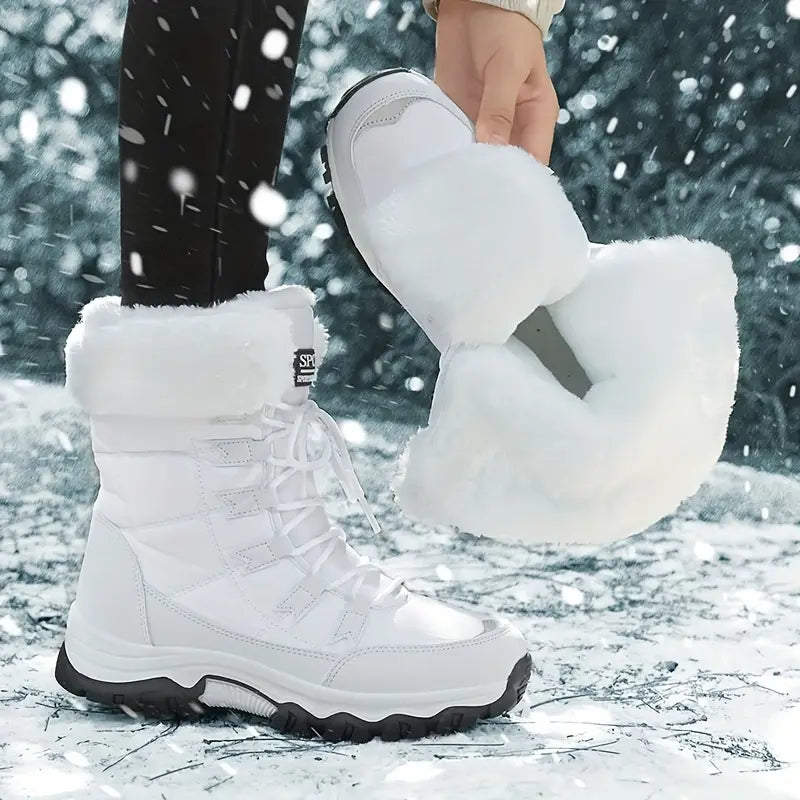 Women'S Winter Boots - Light Beige Fleece-Lined Mid-Calf Boots with Plush Faux Fur Trim, Thick TPR Sole & Lace-Up Design for Outdoor Sports, Casual Wear - Cozy Gift for Women