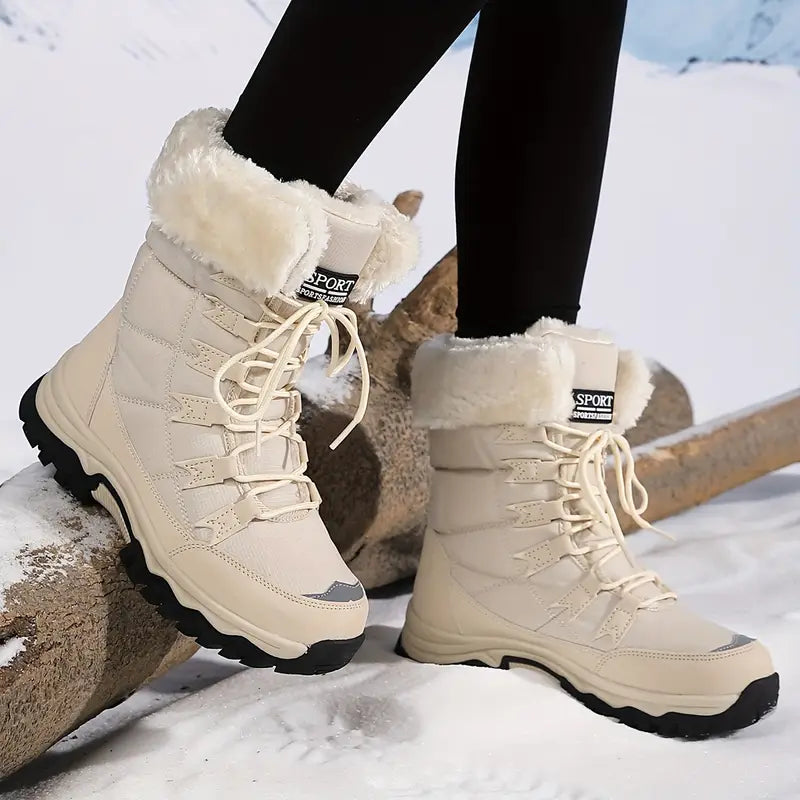 Women'S Winter Boots - Light Beige Fleece-Lined Mid-Calf Boots with Plush Faux Fur Trim, Thick TPR Sole & Lace-Up Design for Outdoor Sports, Casual Wear - Cozy Gift for Women