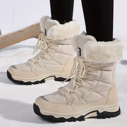 Women'S Winter Boots - Light Beige Fleece-Lined Mid-Calf Boots with Plush Faux Fur Trim, Thick TPR Sole & Lace-Up Design for Outdoor Sports, Casual Wear - Cozy Gift for Women