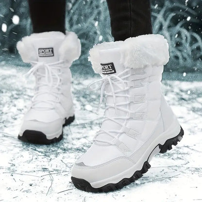 Women'S Winter Boots - Light Beige Fleece-Lined Mid-Calf Boots with Plush Faux Fur Trim, Thick TPR Sole & Lace-Up Design for Outdoor Sports, Casual Wear - Cozy Gift for Women