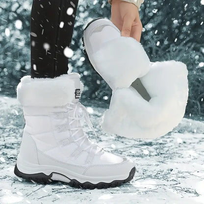 Women'S Winter Boots - Light Beige Fleece-Lined Mid-Calf Boots with Plush Faux Fur Trim, Thick TPR Sole & Lace-Up Design for Outdoor Sports, Casual Wear - Cozy Gift for Women