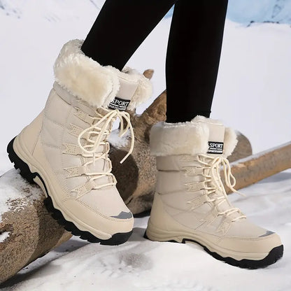 Women'S Winter Boots - Light Beige Fleece-Lined Mid-Calf Boots with Plush Faux Fur Trim, Thick TPR Sole & Lace-Up Design for Outdoor Sports, Casual Wear - Cozy Gift for Women