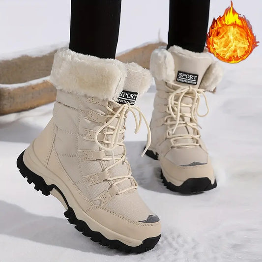 Women'S Winter Boots - Light Beige Fleece-Lined Mid-Calf Boots with Plush Faux Fur Trim, Thick TPR Sole & Lace-Up Design for Outdoor Sports, Casual Wear - Cozy Gift for Women